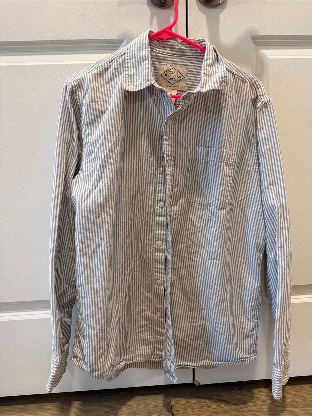 St. John's Bay Light Gray and White Striped Button-Down Shirt